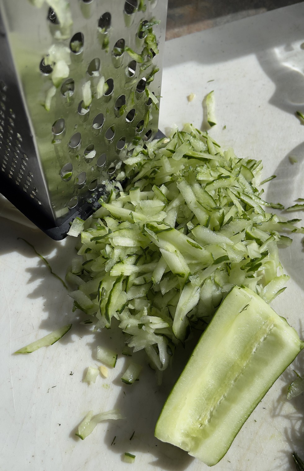 shredded cukes before the fluids are twice drained off -IMG_0990.jpg